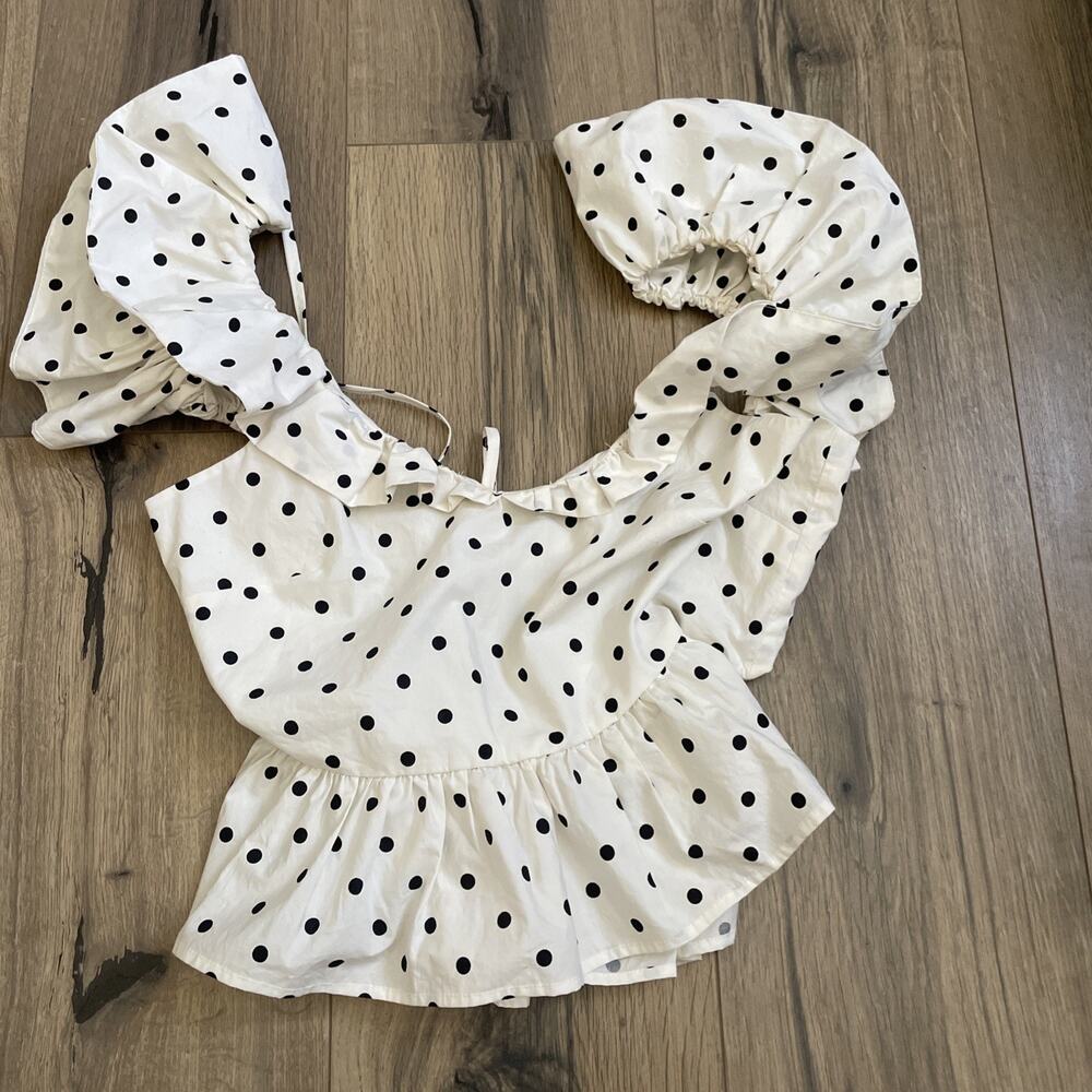 H&M Shirt Womens Small White Blouse Crop Top Puff Short Sleeve Polka Dot Ladies - Picture 4 of 9